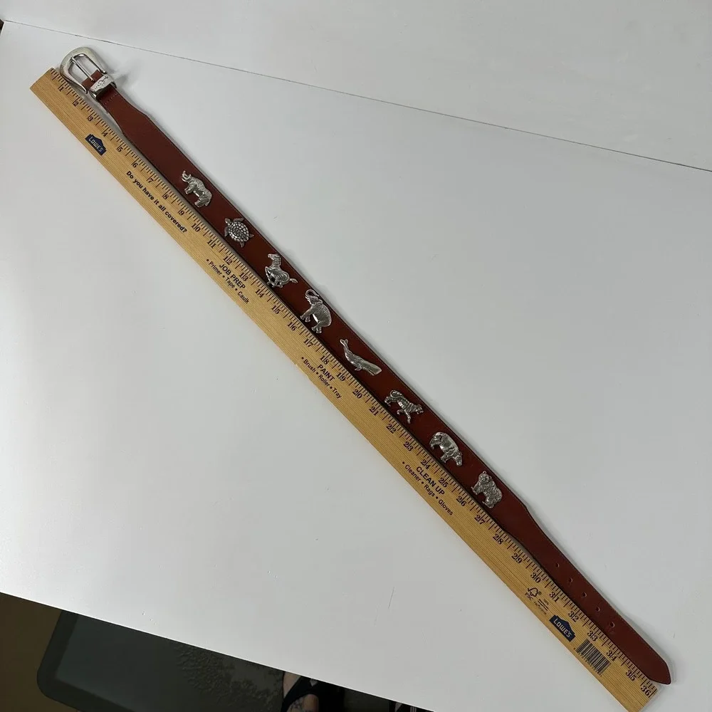 Honest Brighton Brown Leather Belt Silver Tone 3D Animals Safari Vtg 90s Sz 30